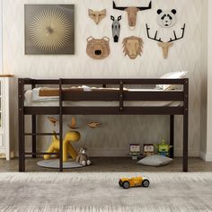 a child's bedroom with a bunk bed and toys