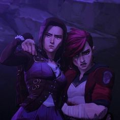 two young women standing next to each other in front of a rock wall with purple lighting