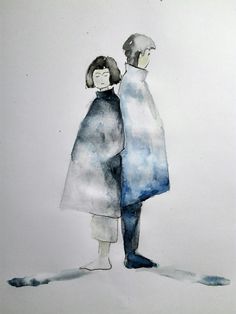 two people standing next to each other on a white surface with blue and gray colors