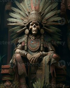 a statue of a skeleton sitting on top of a chair with an elaborate headdress