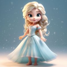 a cartoon girl in a blue dress with long blonde hair and big eyes, wearing a tiara