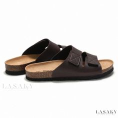 Lasaky - Soft Sole Slumber Sandals for the Beach Brown Synthetic Slippers With Cork-bed Midsoles, Brown Flat Heel Slippers For Vacation, Comfortable Slippers With Buckle Closure For Vacation, Comfortable Brown Synthetic Footbed Sandals, Comfortable Brown Closed Toe Flip Flops, Brown Slide Flip Flops With Cushioned Footbed, Comfortable Leather Footbed Slippers For Vacation, Vacation Slippers With Textured Footbed In Brown, Comfortable Vacation Slippers With Leather Footbed