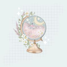 a drawing of a cat sleeping on top of a globe with flowers and stars around it