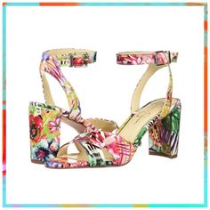 Chic Floral Print Ankle Strap Sandals, Spring Vacation Sandals With 4-inch Heel, Vacation Sandals With 4-inch Heel For Spring, 4-inch Heel Sandals For Vacation In Spring, Chic Sandals With Floral Print And Block Heel, Open Toe Tropical Sandals For Spring, Tropical Open Toe Sandals For Spring, Chic Floral Print Sandals With Block Heel, Multicolor Medium Width Heels For Spring