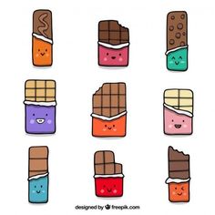 different types of chocolate and marshmallows with faces drawn on them, all in different colors