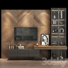 a living room with wood paneling and a television on top of the entertainment center