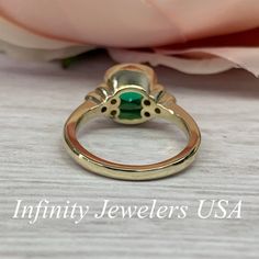 "The ring pictured is lab created emerald and moissanite #6902 Rose Gold is available upon request as a custom order and is a final sale (non refunable, non returnable, non exchangeable). Emerald is the Birthstone for May -Approximate total carat weight: 2.52ctw. diamond equivalent -Center Stone Size: approx. 2.40ct. diamond equivalent -Gem Type: Lab created emerald -Center Stone Shape: cushion cut 8x8mm -Center Stone Color: green, nicest color in emeralds -Center Stone Clarity: VS2 or better -M Green Bezel Set Birthstone Ring For Anniversary, Green Birthstone Ring With Bezel Setting For Anniversary, Anniversary Green Birthstone Ring With Bezel Setting, Oval Moissanite Emerald Green Ring, Oval Green Moissanite Emerald Ring, Oval Emerald Moissanite Ring, Halo Ring With Prong Setting For Anniversary, Emerald Ring With Bezel Setting For Anniversary, May Birthstone, Round Emerald Ring With Bezel Setting For Anniversary