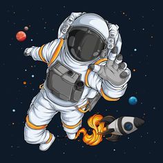 an astronaut floating in outer space next to a rocket with fire coming out of it