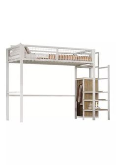 a white bunk bed with shelves underneath it