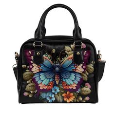 "► ABOUT THIS PURSE Colors: black, blue, orange, green Metal Color: Gold Design: Amazing watercolor style butterfly and floral purse. Makes a great gift for yourself or anyone you love. . The design is printed on both sides. The sides, bottom, handle and trim are black. * Manufactured with premium water-resistant PU material (vegan leather / poly-vinyl). The sides and bottom are textured and slick. The printed front and back are slightly thicker with a semi-matte finish. * Features comfortable a Trendy Black Bag For Gifts, Portable Multicolor Handheld Shoulder Bag, Multicolor Double Handle Bag As Gift, Trendy Colorful Bags For Gifts, Black Handheld Bag As Gift, Black Handheld Bag As A Gift, Black Shoulder Bag With Large Capacity For Gift, Black Large Capacity Shoulder Bag Gift, Black Large Capacity Shoulder Bag As Gift