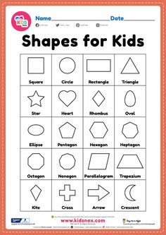 shapes for kids worksheet with the names and numbers on it, which are included in