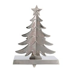 a silver metal christmas tree on a white base with a star in the top and bottom