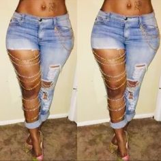 Brand New Ripped Jeans For Sale, Size Small Big Ripped Jeans, Jeans With Chains, Stonewash Jeans, Ripped Denim Pants, Elastic Jeans, Womens Ripped Jeans, Ripped Pants, Denim On Denim, Mens Fashion Edgy