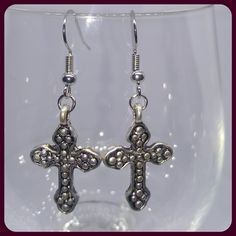 Bumpy Silver Metal Cross Components. Hangs From A Nickel Free Silver Ear Wire. Earrings Are 1-3/4 Inches Long. Earrings Are New And Handmade By Me. Nickel-free Metal Cross Earrings, Nickel Free Adjustable Cross Earrings, Cross Shaped Metal Earrings For Pierced Ears, Nickel-free Cross Earrings As Gift, Nickel-free Cross Earrings For Gift, Handmade Metal Cross Earrings, Metal Cross, Cross Earrings, Wire Earrings