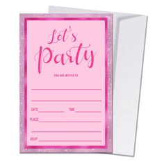 a pink party card with the words let's party on it