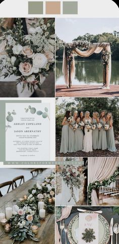 a collage of wedding photos with flowers and greenery on the bottom, in pastel tones