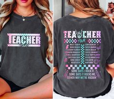 Comfort Colors Teacher Tour Shirt, Two-side Retro ABCD Teacher Tour Shirt, Funny Teacher Shirt, End of Year Shirt, Teacher Gift,  Rock N Roll Teach Shirt, Kindergarten Teacher Shirt,  Elementary School 🌟 Welcome to our premium t-shirt collection, where comfort meets quality effortlessly!🌟 🌟 ABOUT THE FEATURES🌟  We use DTF (Direct to Film) printing as our printing technique. Our t-shirts are designed for your convenience; simply machine wash them inside out to maintain their pristine quality. Graphic Tees For Teachers, Teacher Tshirt Ideas, Funny Teacher Shirts, Teacher Team Shirts, Teach Shirt, Kindergarten Teacher Shirts, Teacher Clothes, Teaching Shirts, Teacher Things