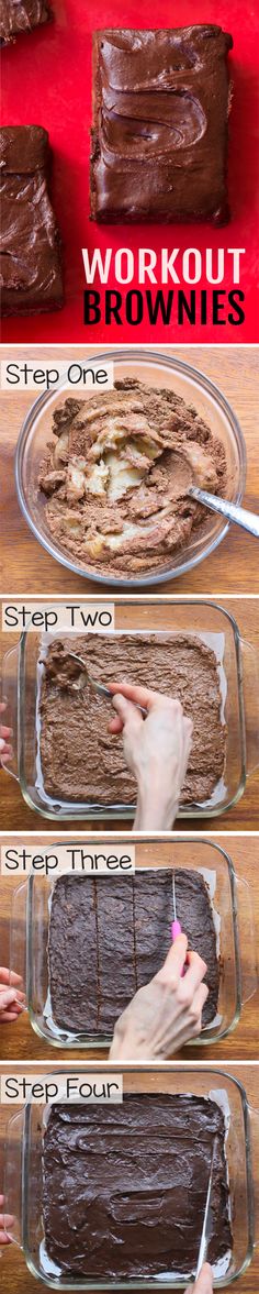 the steps to make chocolate brownies are shown in three different stages, including frosting and