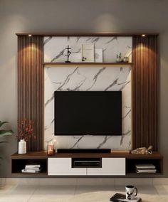 a modern living room with marble wall and entertainment center, coffee table and vases on the floor