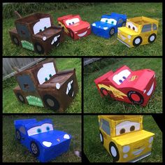 four pictures of cars made out of cardboard boxes