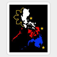 the philippines map in red, white and blue with stars around it on a black background