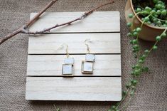 two square shaped earrings sitting on top of a wooden table next to a potted plant