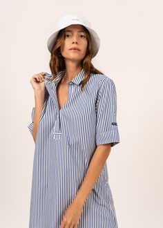 LEONIE - Pinstriped Shirt Dress in Organic Cotton (WHITE / BLUE) Striped Shirt Dress, Saint James, Karen Walker, Sporty Chic, Vertical Stripes, Chic Dress, Neck Shirt, Button Placket, Striped Shirt