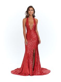 The Cleopatra Grown is a stunning halter neck gown with a deep v-plunge neckline. It is backless with a long mermaid train. Stand out with the detailed sequinned pattern. The material is super stretchy and is lined to the hem. What is a Made-To-Order? This product is a made-to-order item. Made-to-order items are not held in physical stock and production commences AFTER order placement. We try to limit production and stock levels and as such, made-to-order items produce less waste and allow you t Glamorous V-neck Gown With Back Opening, Glamorous Low Back Evening Dress, Glamorous Backless Sequin Gown, Sequin Backless Gala Gown, Backless Sequined Gala Gown, Backless Sequin Gown For Gala, Glamorous Halter Neck Dress With Sweep Train, Glamorous Backless Gown With Sweep Train, Glamorous Backless Gown For Gala