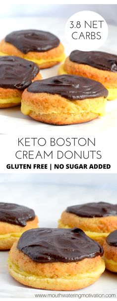 three different types of doughnuts with chocolate frosting on them and the words keto boston cream donuts gluten free in no sugar added