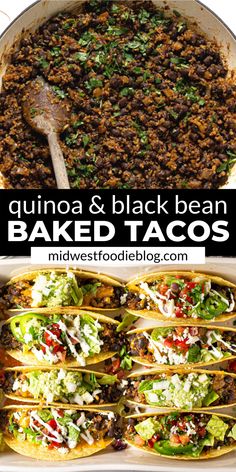 an image of baked tacos with ground beef and black bean in the bottom photo