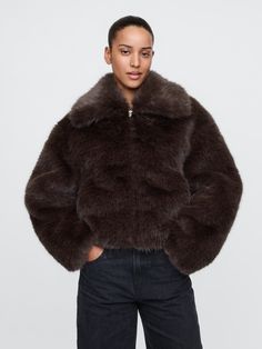 Soft faux fur jacket.  Spread collar.  Long sleeves.  Zipper front.  Elasticized hem.  Fit: Relaxed.  A straight & easy fit.  For a Classic fit, go down one Faux Fur Long Coat, Ny Winter Fashion, Holiday Wishlist, Faux Fur Cropped Jacket, Leopard Jacket, Faux Fur Jacket, Faux Fur Coat