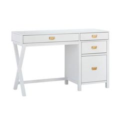 a white desk with two drawers and gold handles on the top, against a white background