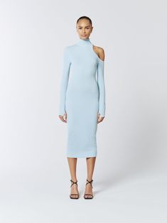 With the asymmetric cut-out detail on the shoulder, this fitted midi dress is alluring and elegant. Made from a lightweight, soft light blue rib knit, this dress features a high neck and long sleeves, closely hugging and accentuating your curves.  Rib knit One-shoulder cut-out Turtleneck Long sleeves Figure-hugging fit  Slim fit, take your normal size Model is 5'9" / 174cm and wears a size UK6 (US2 / EU34) 95% Polyester 5% Spandex  Dry Clean Only Turn inside out before cleaning Do not tumble dry Light Blue Fitted Dress With Asymmetrical Hem, Blue Cutout Midi Dress For Party, Spring Light Blue One-shoulder Midi Dress, Fitted Blue Midi Dress With Cutout, Luxury Blue Asymmetrical Midi Dress, Bleach Fabric, Knitted Midi Dress, Spring Suit, Fitted Midi Dress