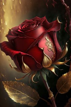 a painting of a red rose with gold leaves