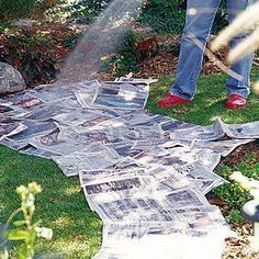 a man standing on top of a lush green field next to a pile of newspaper