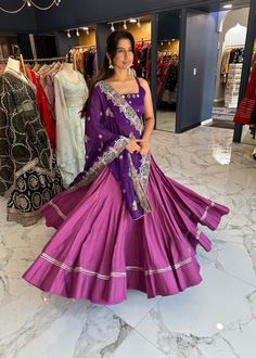 Navya Chaniya Choli Purple Lehenga With Gota Work, Anarkali Style Choli With Cutdana, Purple Gota Work Lehenga, Designer Purple Choli With Gota Work, Diwali Mirror Work Choli, Mirror Work Choli For Diwali, Purple Lehenga With Pallu, Unstitched Lehenga With Mirror Work, Reception Choli With Mirror Work