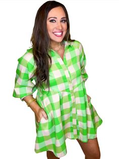 Plaid collared button up 3.4 sleeve mini dress featuring pockets at side. Unlined. Woven. Final Sale Trendy Shirt Dress With Pockets For Day Out, Spring Shirt Dress With Collared Neckline And Pockets, Spring Shirt Dress With Pockets For A Day Out, Collared Mini Dress With Pockets For Daywear, Green Button-up Shirt Dress With Pockets, Spring Mini Dress With Collared Neckline, Summer Mini Dress With Collared Neckline For Daywear, Trendy Collared Shirt Dress For Day Out, Spring Collared Shirt Dress With Buttons