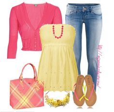 Cute for spring minus the shoes. Mode Rose, Yellow Tank, Stylish Eve, Outfit Trends, Fashion Spring, Pink Lemonade, Pink And Yellow