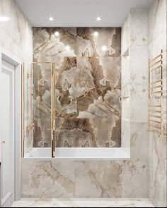 a bathroom with marble walls and flooring