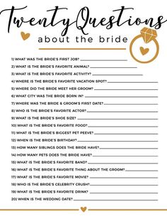 a wedding game with the words twenty questions about the bride