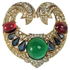 Rare Trifari Jewels of India Brooch from the Moghul series. Elaborate pave crystal stone work set in both gilt and rhodium metal with cabochon stones in jewel tones. 1960's USA. 2" x 1.75". Dazzling Jewelry, Magnificent Jewels, Trifari Brooch, Walmart Jewelry, Trifari Jewelry, Crown Trifari, Wedding Brooch, Costume Earrings, Antique Necklace