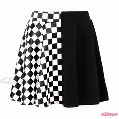 Qteee - Contemporary High Waist Skirt with Colorblock Lattice Panels Casual White Skirt With Patchwork, Trendy Black Skirt With Patchwork, Casual White Patchwork Skirt, Edgy High-waist Pleated Skirt, White Patchwork Mini Skirt, Edgy High-waist Mini Skirt With Pockets, Gothic Black High Waist Skort, Gothic High Waist Pleated Mini Skirt, Black Gothic High-waist Skort