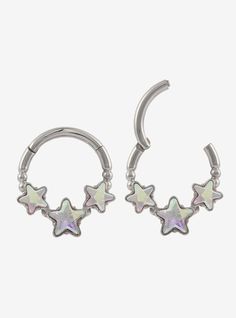 Set of 2 silver-tone hinged clickers with triple star gem designs. Jewelry care: Wash with antibacterial soap and warm water. Piercing care: Wash hands thoroughly  then clean piercing with H2Ocean (sold separately) or saline solution. Piercing Ideas Septum, Space Aesthetic Accessories, Fun Septum Jewelry, Cute Septum Nose Rings, Moon Accessories Jewellery, Nose Piercing And Septum Combo, Jestrum Piercing Jewelry, Chain Nose Ring, Septum Piercings Jewelry