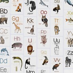 an alphabet with animals and letters on it