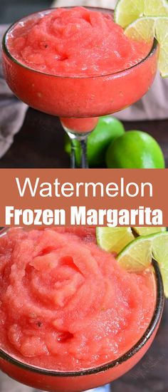 watermelon frozen margarita in martini glasses with limes on the side