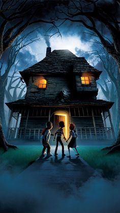 three children standing in front of a creepy house with the door open and glowing eyes