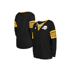 Emphasize your favorite NFL team's colors by wearing this Pittsburgh Steelers T-shirt from New Era. It features contrasting trim and sleeve panels that highlight the official Pittsburgh Steelers logo. The lace-up neckline adds a sporty, chic touch to this game day tee.Emphasize your favorite NFL team's colors by wearing this Pittsburgh Steelers T-shirt from New Era. It features contrasting trim and sleeve panels that highlight the official Pittsburgh Steelers logo. The lace-up neckline adds a sp Nfl Team Colors, Steelers Logo, Pittsburgh Steelers Logo, Contrasting Trim, Sporty Chic, Nfl Teams, Pittsburgh Steelers, Team Colors, Game Day