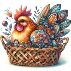 a painting of a chicken in a basket with feathers on it's head and flowers around its neck