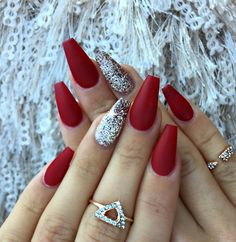 long red coffin nails by sarahp898 Red Matte Nails, Matte Acrylic Nails, Gel French Manicure, Festive Nail Art, Red Acrylic Nails, Super Nails, Christmas Nails Acrylic, Red And Silver, Trendy Nail Design