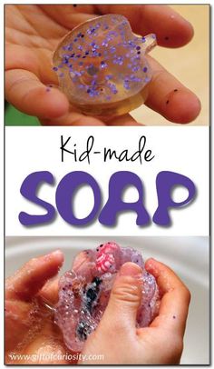 two pictures with the words kid made soap in purple and blue on them, one is holding